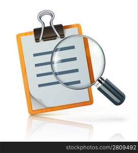 Vector illustration of search concept with check list on clipboard and magnifying glass