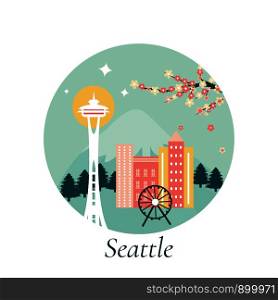 Vector illustration of Seattle city with landmarks.. Vector illustration of Seattle city with landmarks