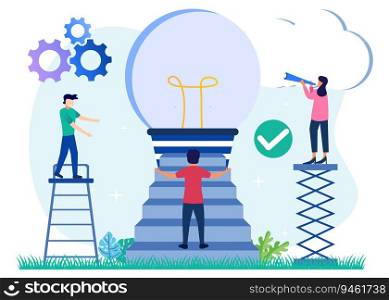 Vector illustration of self growth and personal development and knowledge. Achieve career and business goals. Ladder of ambition and vision of potential achievements and interesting ideas.