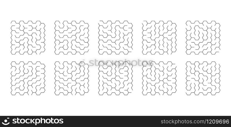 vector illustration of set of 10 mazes of hexagons for kids