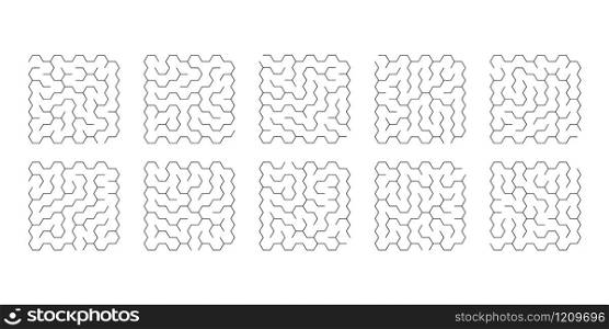 vector illustration of set of 10 mazes of hexagons for kids