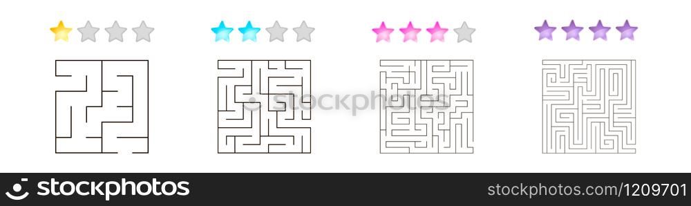 vector illustration of set of 4 square mazes for kids at different levels of complexity