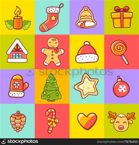 Vector illustration of set of christmas items on colorful background. Bright color. Hand draw line art design for web, site, advertising, banner, poster, board, postcard, print and greeting card.