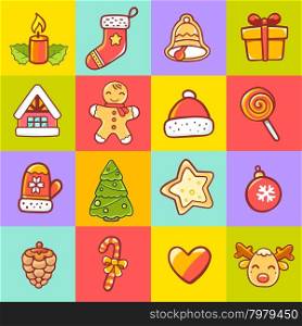 Vector illustration of set of christmas items on colorful background. Bright color. Hand draw line art design for web, site, advertising, banner, poster, board, postcard, print and greeting card.