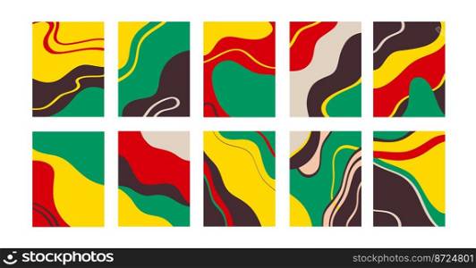 Vector illustration of set of colorful creative collages with chaotic pattern as abstract background. Collection of multicolored abstract paintings against white background