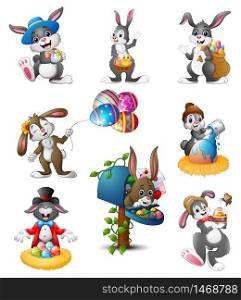 Vector illustration of Set of Easter Bunnies cartoon