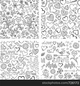 Vector illustration of set of seamless patterns with hearts, flowers and other elements