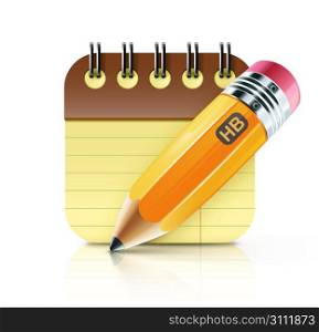 Vector illustration of sharpened fat yellow pencil with coil bound notebook