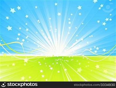 Vector illustration of Shining burst of stars and ribbons on abstract summer background.