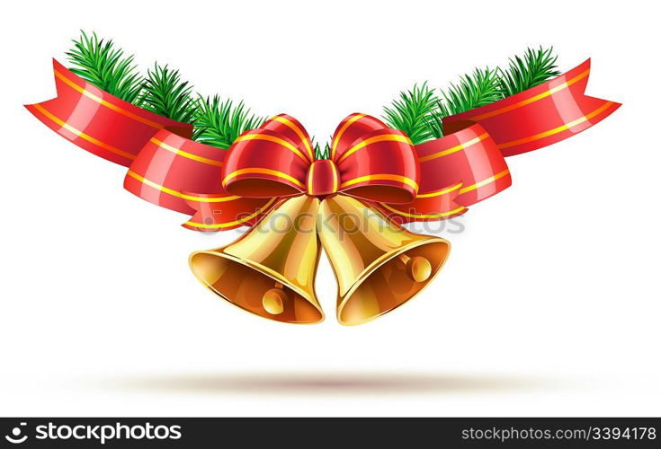 Vector illustration of shiny golden Christmas bells decorated with red bow and ribbons