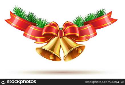 Vector illustration of shiny golden Christmas bells decorated with red bow and ribbons