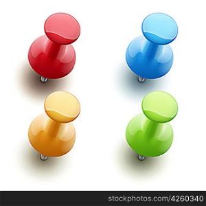 Vector illustration of shiny push pins in a variety of bright colors isolated on white background.