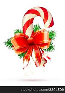 Vector illustration of shiny red Christmas candy cane with bow and evergreen branches