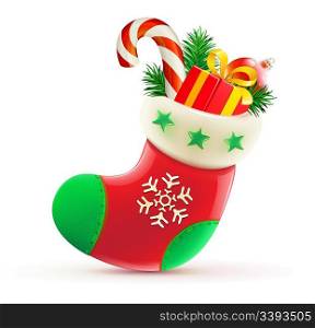 Vector illustration of shiny red Christmas stocking with cool presents