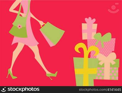 Vector illustration of shopping girl. Includes shopping bags and present boxes.