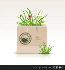 Vector illustration of shopping paper bag with green symbol. Environmentally friendly products and greens in a package.