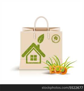 Vector illustration of shopping paper bag with green symbol. Eco product, Eco packing.