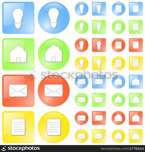 Vector illustration of simple slick glossy icons in four themes: idea/concept, home, mail and document symbols. Four colors: blue, green, red and yellow.