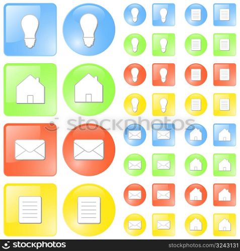 Vector illustration of simple slick glossy icons in four themes: idea/concept, home, mail and document symbols. Four colours: blue, green, red and yellow.
