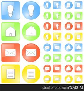 Vector illustration of simple slick glossy icons in four themes: idea/concept, home, mail and document symbols. Four colours: blue, green, red and yellow.