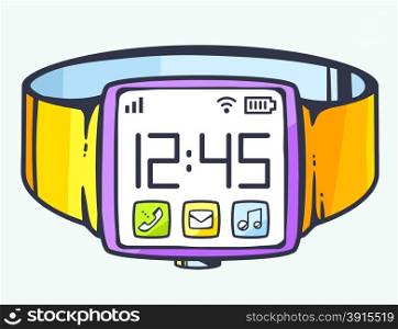 Vector illustration of simple smart watch with button on light background. Hand draw line art design for web, site, advertising, banner, poster, board and print.