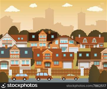 Vector illustration of simple suburban buildings (retro colors)