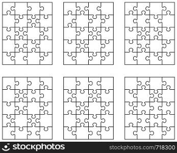 Vector illustration of six different white puzzles, separate pieces