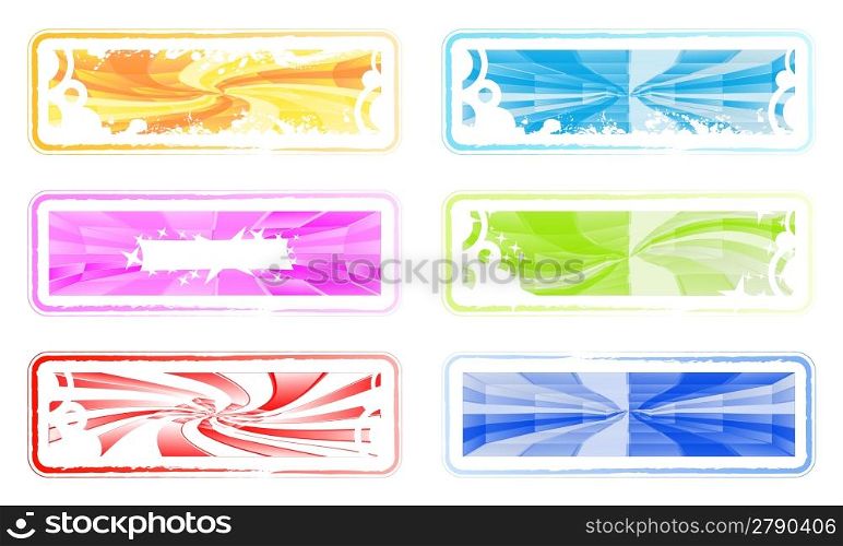Vector illustration of six mildly colored retro grunge frames with stylized ink drops, grunge splats and labyrinth spirals.
