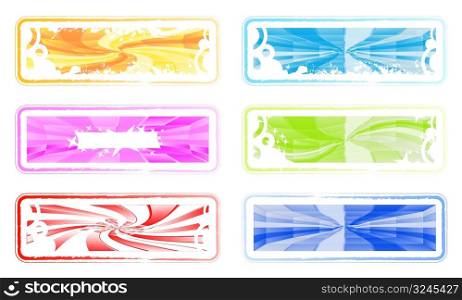 Vector illustration of six mildly colored retro grunge frames with stylized ink drops, grunge splats and labyrinth spirals.