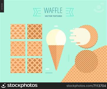 Vector illustration of six seamless waffle patterns and red fruit ice cream scoop in a waffle cone, flat ribbon and two round belgian waffles on mint background. Vector illustration of six seamless waffle patterns on mint background
