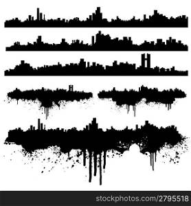 Vector illustration of six urban skylines, clean and splatter versions. Ink splashes highly detailed.