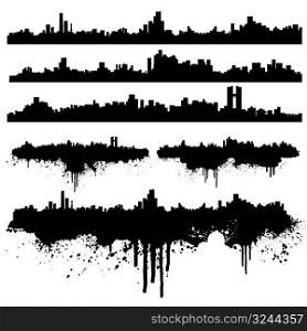 Vector illustration of six urban skylines, clean and splatter versions. Ink splashes highly detailed.