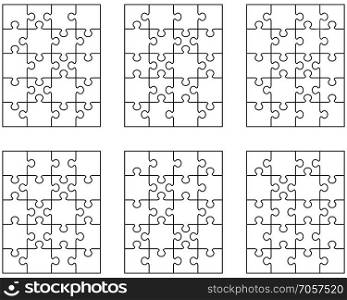 Vector illustration of six white puzzles, isolated pieces