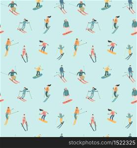 Vector illustration of skiers and snowboarders. Sports men and women in the ski resort. Trendy retro style. Seamless pattern.. Vector illustration of skiers and snowboarders. Seamless pattern.