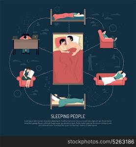 Vector Illustration Of Sleeping People. Sleeping people design concept with married couple laying in bed and young men and women resting in chair on couch and at table vector illustration