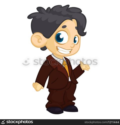 Vector illustration of small boy in man&rsquo;s clothes. Cartoon of a young boy dressed up in a mans business suit presenting