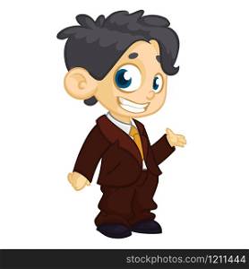 Vector illustration of small boy in man&rsquo;s clothes. Cartoon of a young boy dressed up in a mans business suit presenting