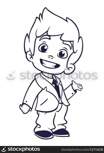 Vector illustration of small boy in man&rsquo;s clothes outlines. Cartoon of a young boy dressed up in a mans business suit presenting. Countur. Coloring book. Cartoo funny little boy presenting