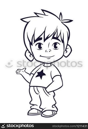 Vector illustration of small boy in man&rsquo;s clothes outlines. Cartoon of a young boy dressed up in a mans business suit presenting. Countur. Coloring book. Cartoo funny little boy presenting