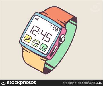 Vector illustration of smart watch with button on light background. Retro color hand draw line art design for web, site, advertising, banner, poster, board and print.