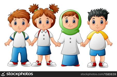 Vector illustration of Smiling children holding hands together