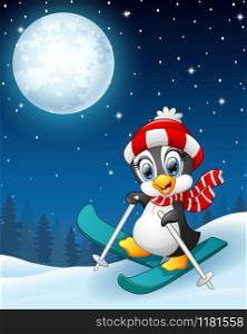 Vector illustration of Snowboarding penguin cartoon in the winter night background