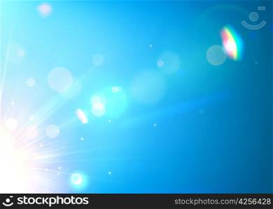Vector illustration of soft blue abstract background with bokeh, lens flare and light streaks.