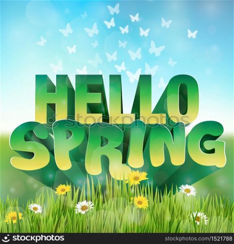 vector illustration of Spring background with grass and flower daisies
