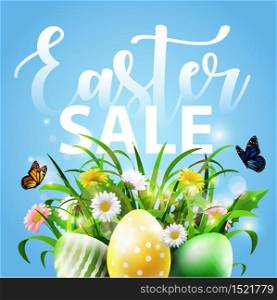 Vector illustration of Spring Easter background with eggs and flower