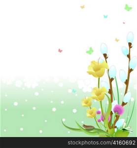 Vector illustration of spring Elegant design with flowers, butterflies and pussy-willow