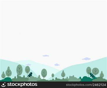 Vector illustration of spring landscape with green trees in simple geometric flat style - landscape with trees mountains, clouds, isolated on white sky background background for website cover banner.