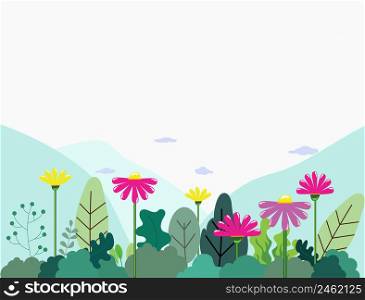 Vector illustration of spring landscape with green trees in simple geometric flat style - landscape with trees, flower, mountains, clouds, isolated on white sky background for website cover banner.