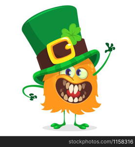 Vector Illustration of St. Patrick&rsquo;s Day Happy Leprechaun monster waving. For Greeting Card.