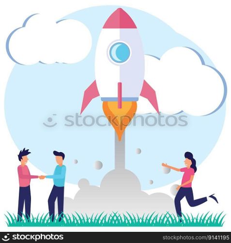 Vector illustration of startup project launch with innovative entrepreneurial concept, businessperson’s idea. Scene, creative breakthrough for growth. Start and start the work process.